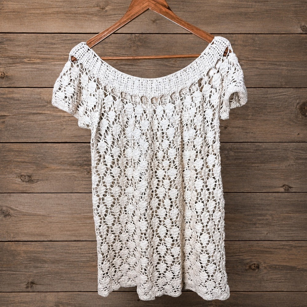 Vintage Handmade Crochet Open Knit Sweater Top M Oversized Boho Coastal Cottage